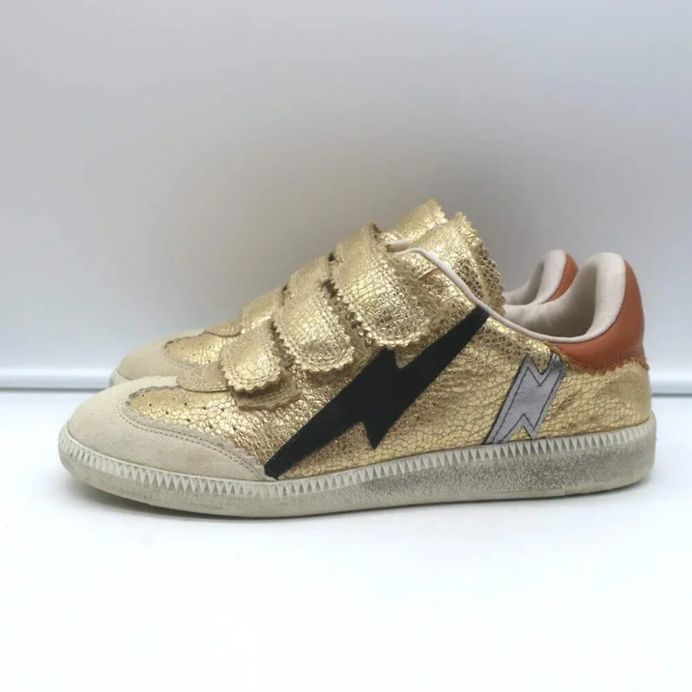 Isabel Marant Beth Lightning Bolt Sneakers Gold Metallic Cracked Leather Size 37 - Picture 6 of 13